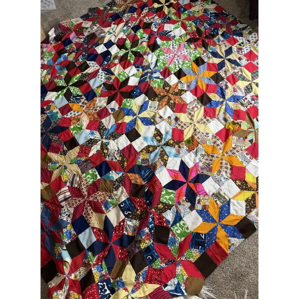 VINTAGE CRAZY QUILT TOP Kaleidoscope 8 Point Star COLORFUL Quilt OOAK Hand Sewn